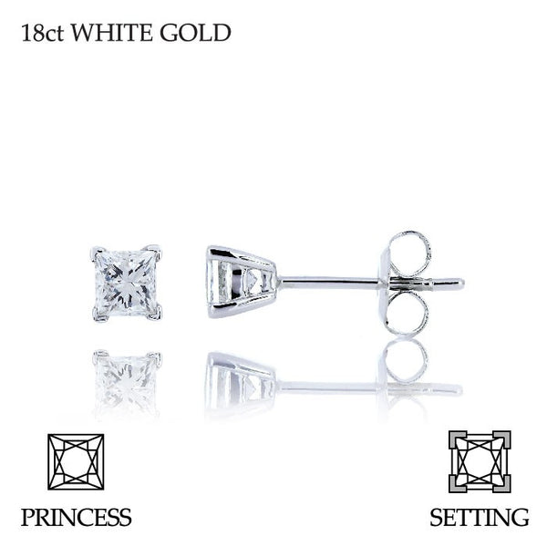 Handmade 0.80ct F VS Princess Cut 18ct White Gold Diamond Stud Earrings