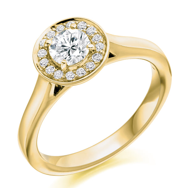 9ct Yellow Gold Diamond Engagement Ring With GIA Certified Round Brilliant Cut Solitaire Centre, Diamond Halo and Plain Shoulders