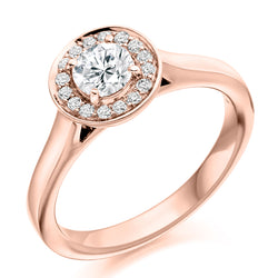 9ct Rose Gold Diamond Engagement Ring With GIA Certified Round Brilliant Cut Solitaire Centre, Diamond Halo and Plain Shoulders