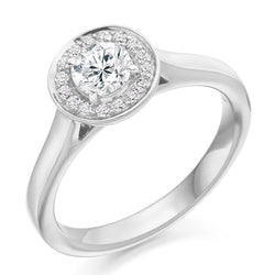 18ct White Gold Diamond Engagement Ring With GIA Certified Round Brilliant Cut Solitaire Centre, Diamond Halo and Plain Shoulders