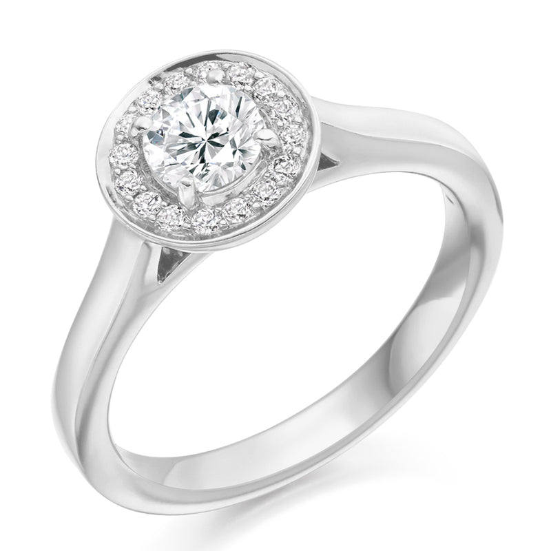 9ct White Gold Diamond Engagement Ring With GIA Certified Round Brilliant Cut Solitaire Centre, Diamond Halo and Plain Shoulders