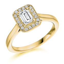 18ct Yellow Gold Diamond Engagement Ring With GIA Certified Emerald Cut Centre Stone and Round Brilliant Cut Diamond Halo