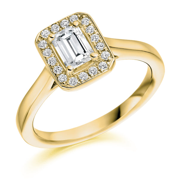 9ct Yellow Gold Diamond Engagement Ring With GIA Certified Emerald Cut Centre Stone and Round Brilliant Cut Diamond Halo