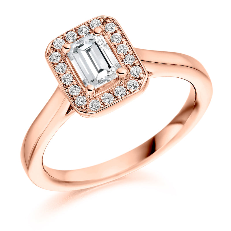 18ct Rose Gold Diamond Engagement Ring With GIA Certified Emerald Cut Centre Stone and Round Brilliant Cut Diamond Halo