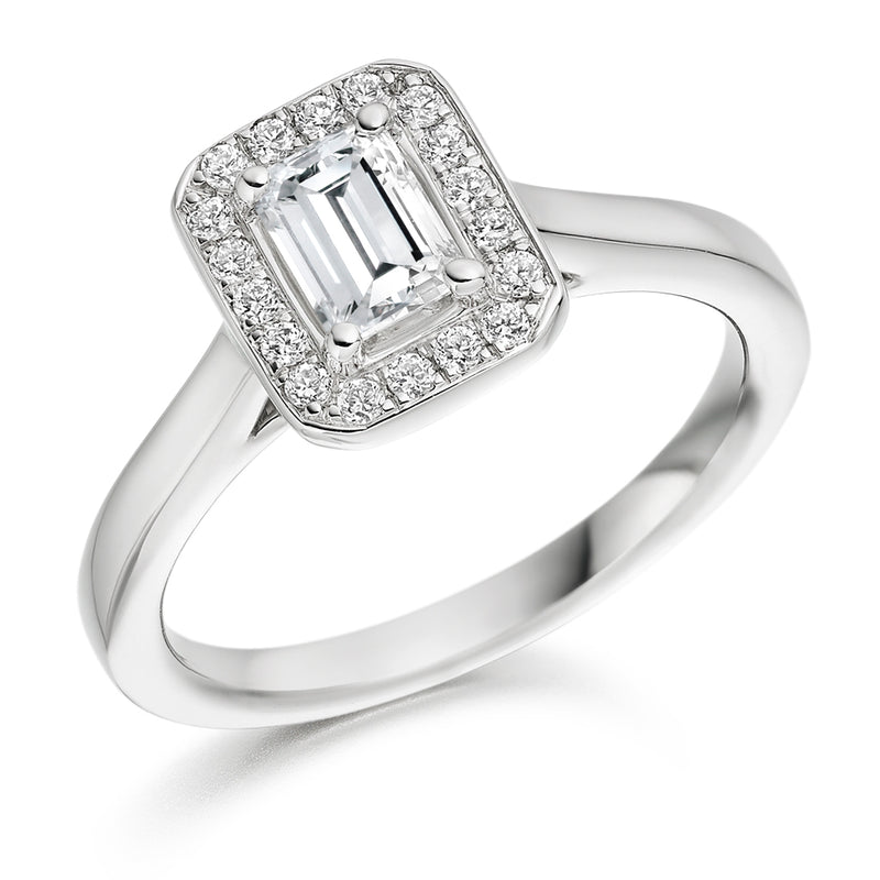 18ct White Gold Diamond Engagement Ring With GIA Certified Emerald Cut Centre Stone and Round Brilliant Cut Diamond Halo
