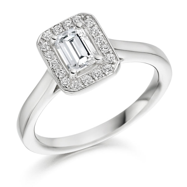 9ct White Gold Diamond Engagement Ring With GIA Certified Emerald Cut Centre Stone and Round Brilliant Cut Diamond Halo