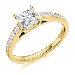 18ct Yellow Gold Diamond Engagement Ring With GIA Certified Princess Cut Centre Stone and Baguette Cut Set Shoulders