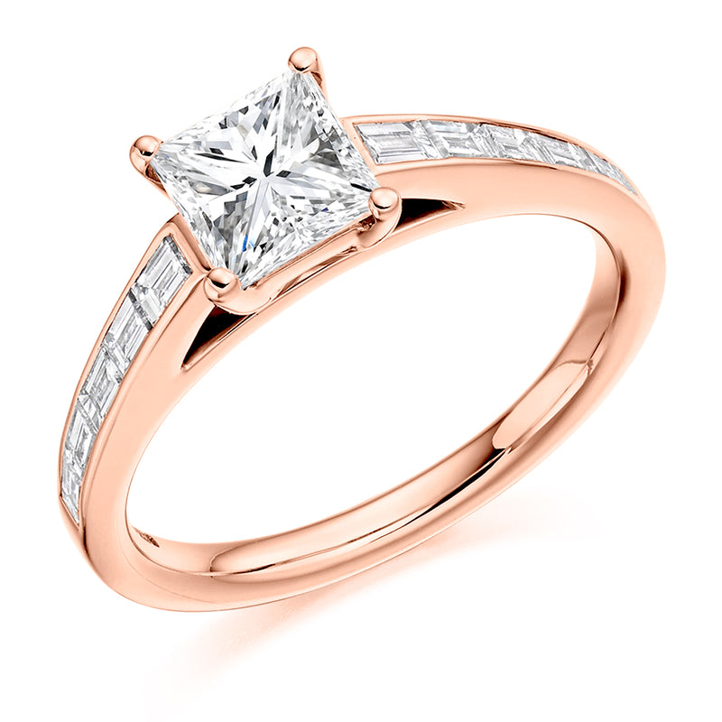 18ct Rose Gold Diamond Engagement Ring With GIA Certified Princess Cut Centre Stone and Baguette Cut Set Shoulders