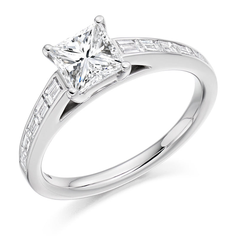 18ct White Gold Diamond Engagement Ring With GIA Certified Princess Cut Centre Stone and Baguette Cut Set Shoulders