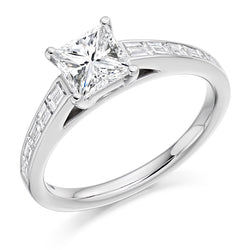Platinum 950 Diamond Engagement Ring With GIA Certified Princess Cut Centre Stone and Baguette Cut Set Shoulders