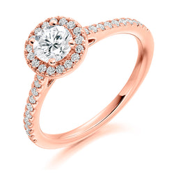 18ct Rose Gold GIA Certified Diamond Engagement Ring With Round Brilliant Cut Centre Solitaire, Diamond Halo and Diamond Set Shoulders