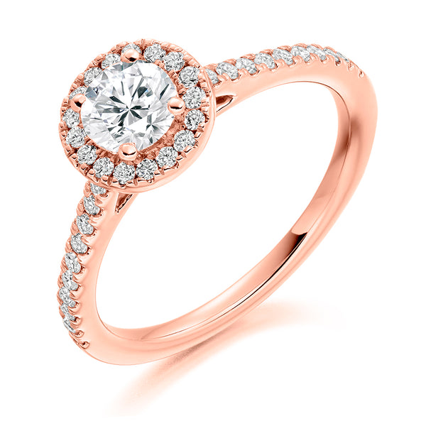 9ct Rose Gold GIA Certified Diamond Engagement Ring With Round Brilliant Cut Centre Solitaire, Diamond Halo and Diamond Set Shoulders