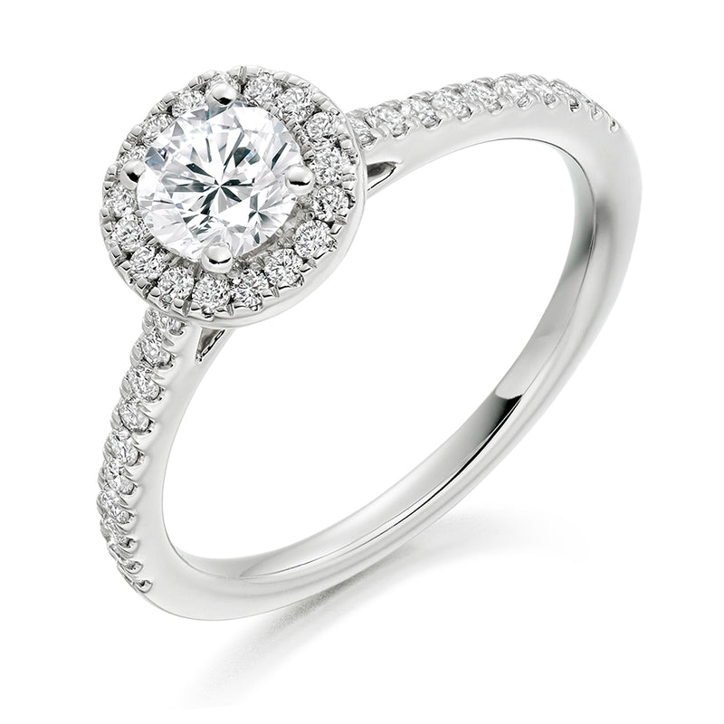 18ct White Gold GIA Certified Diamond Engagement Ring With Round Brilliant Cut Centre Solitaire, Diamond Halo and Diamond Set Shoulders