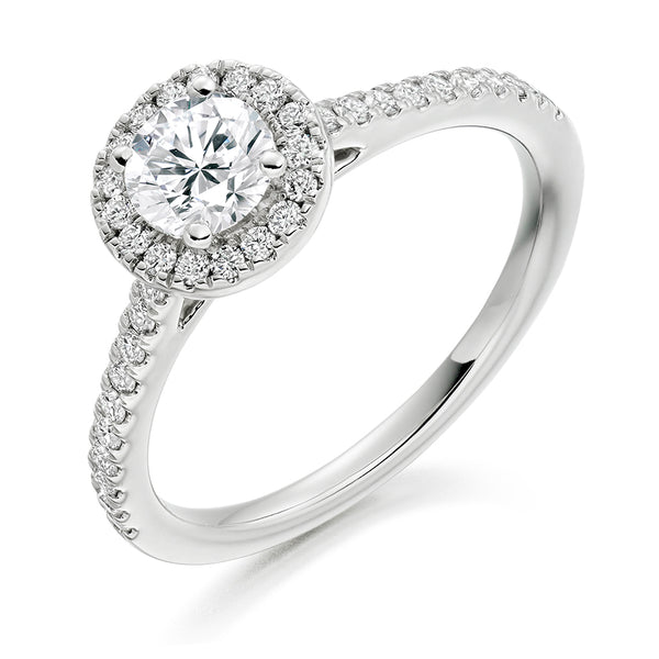 9ct White Gold GIA Certified Diamond Engagement Ring With Round Brilliant Cut Centre Solitaire, Diamond Halo and Diamond Set Shoulders