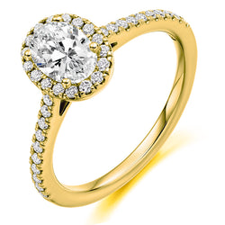 18ct Yellow Gold GIA Certified Diamond Engagement Ring With Oval Cut Centre Solitaire, Diamond Halo and Diamond Set Shoulders