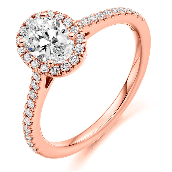 18ct Rose Gold GIA Certified Diamond Engagement Ring With Oval Cut Centre Solitaire, Diamond Halo and Diamond Set Shoulders