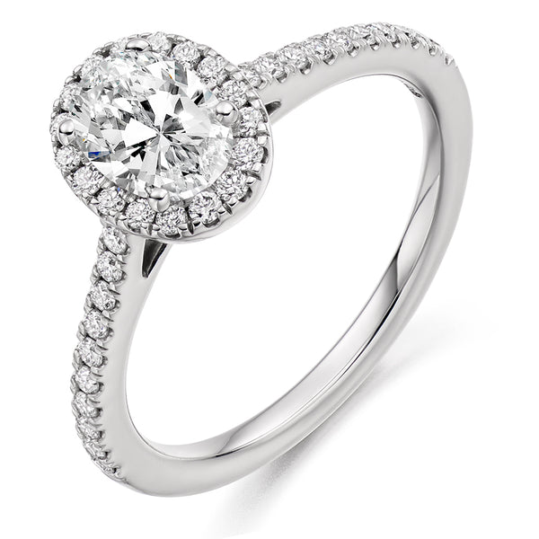 Platinum 950 GIA Certified Diamond Engagement Ring With Oval Cut Centre Solitaire, Diamond Halo and Diamond Set Shoulders