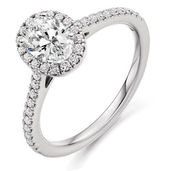 9ct White Gold GIA Certified Diamond Engagement Ring With Oval Cut Centre Solitaire, Diamond Halo and Diamond Set Shoulders