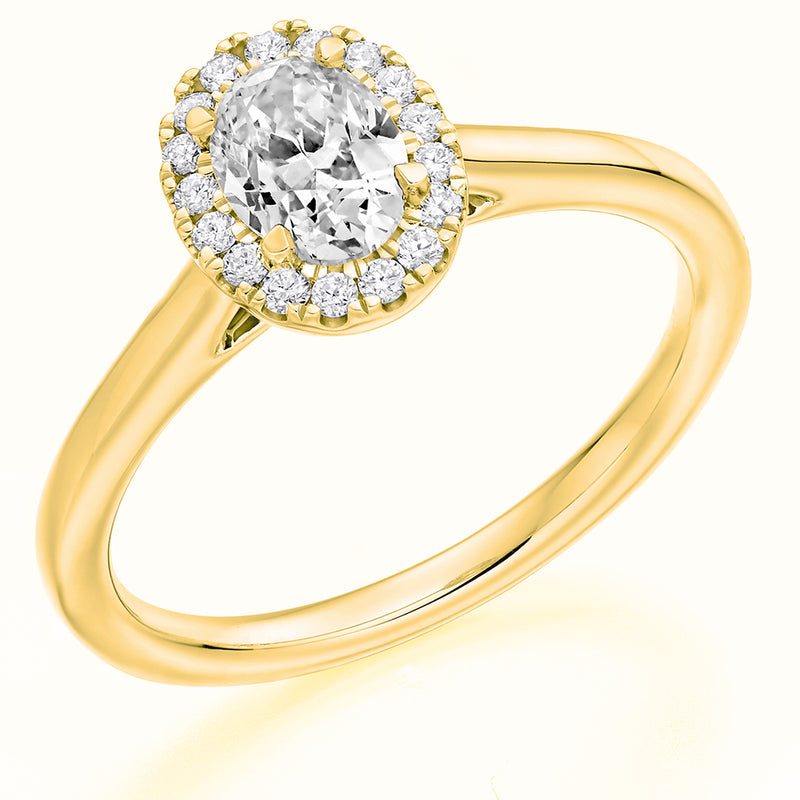 18ct Yellow Gold GIA Diamond Engagement Ring With Oval Cut Centre Solitaire and Diamond Halo