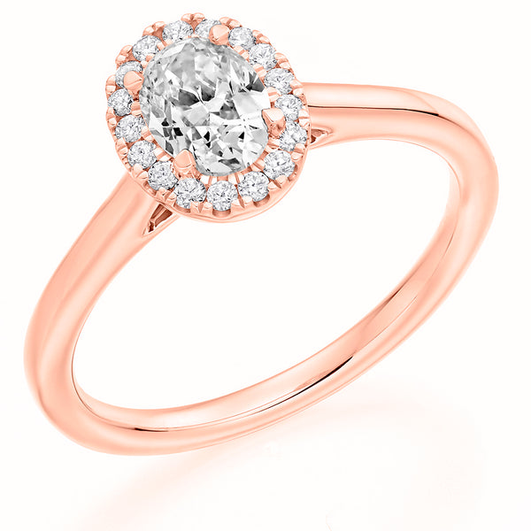 9ct Rose Gold GIA Diamond Engagement Ring With Oval Cut Centre Solitaire and Diamond Halo