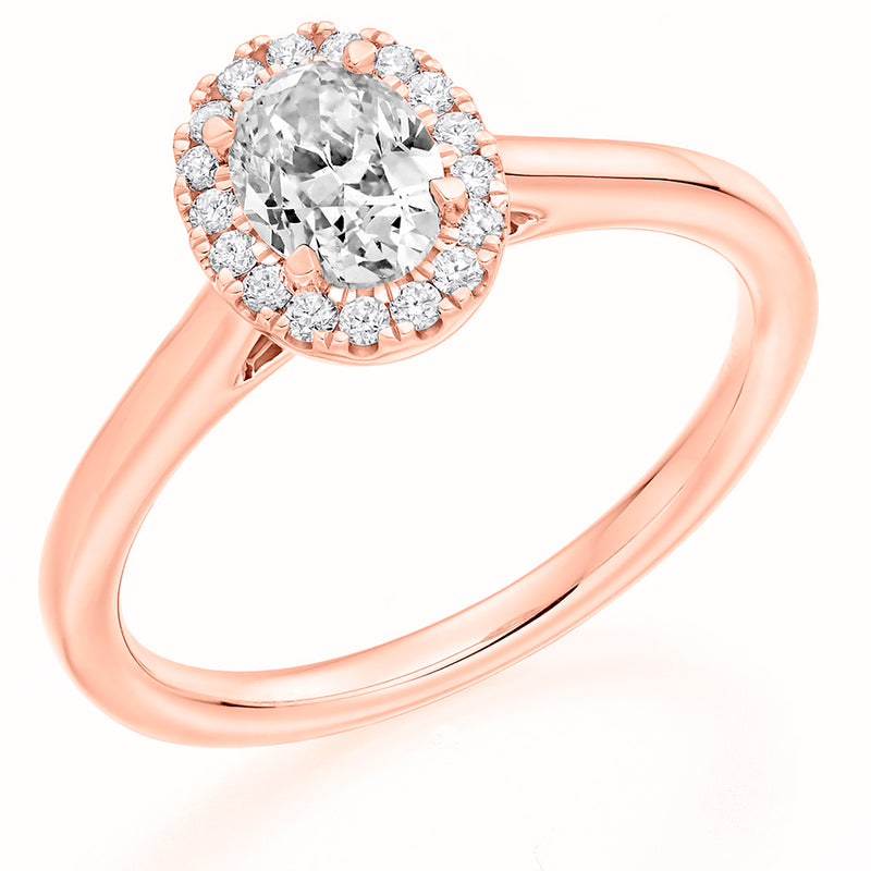 18ct Rose Gold GIA Diamond Engagement Ring With Oval Cut Centre Solitaire and Diamond Halo