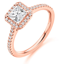 18ct Rose Gold GIA Certified Diamond Engagement Ring With Princess Cut Centre Solitaire, Diamond Halo and Diamond Set Shoulders