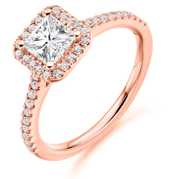 9ct Rose Gold GIA Certified Diamond Engagement Ring With Princess Cut Centre Solitaire, Diamond Halo and Diamond Set Shoulders