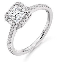 9ct White Gold GIA Certified Diamond Engagement Ring With Princess Cut Centre Solitaire, Diamond Halo and Diamond Set Shoulders