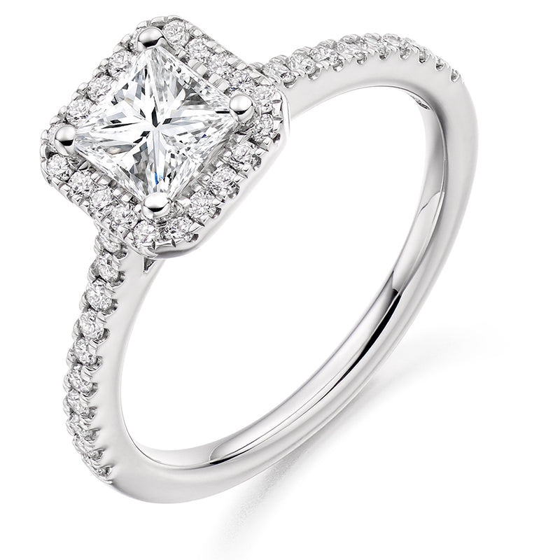 Platinum 950 GIA Certified Diamond Engagement Ring With Princess Cut Centre Solitaire, Diamond Halo and Diamond Set Shoulders