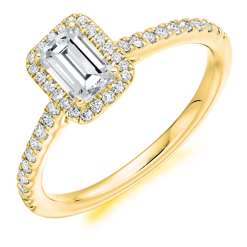 9ct Yellow Gold GIA Certified Diamond Engagement Ring With Emerald Cut Centre Stone, Diamond Halo and Diamond Set Shoulders