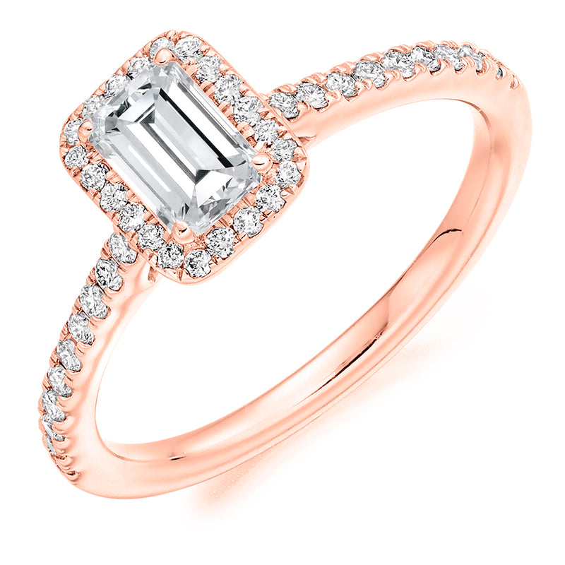 18ct Rose Gold GIA Certified Diamond Engagement Ring With Emerald Cut Centre Stone, Diamond Halo and Diamond Set Shoulders