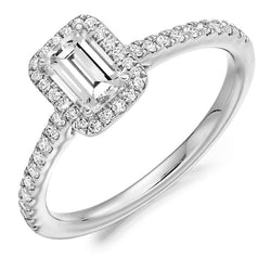 Platinum 950 GIA Certified Diamond Engagement Ring With Emerald Cut Centre Stone, Diamond Halo and Diamond Set Shoulders
