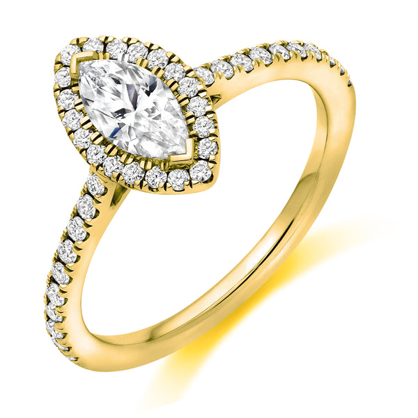 18ct Yellow Gold GIA Certified Diamond Engagement Ring With Marquise Cut Centre Stone, Round Brilliant Cut Diamond Halo and Diamond Set Shoulders