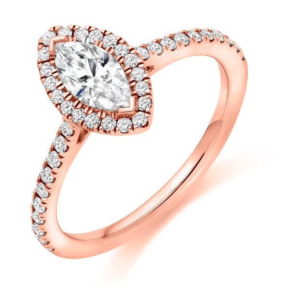 18ct Rose Gold GIA Certified Diamond Engagement Ring With Marquise Cut Centre Stone, Round Brilliant Cut Diamond Halo and Diamond Set Shoulders