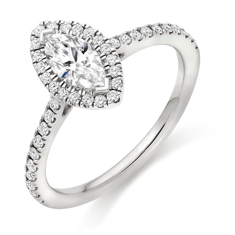 18ct White Gold GIA Certified Diamond Engagement Ring With Marquise Cut Centre Stone, Round Brilliant Cut Diamond Halo and Diamond Set Shoulders