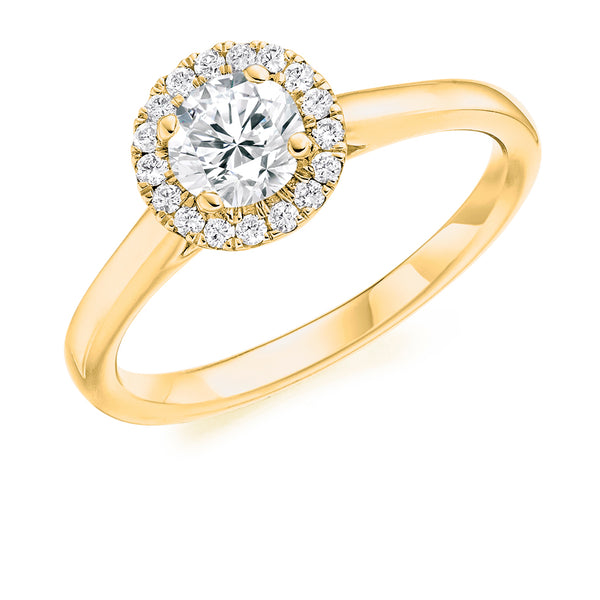 9ct Yellow Gold GIA Certified Diamond Engagement Ring With Round Brilliant Cut Centre Solitaire and Diamond Halo