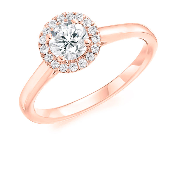9ct Rose Gold GIA Certified Diamond Engagement Ring With Round Brilliant Cut Centre Solitaire and Diamond Halo