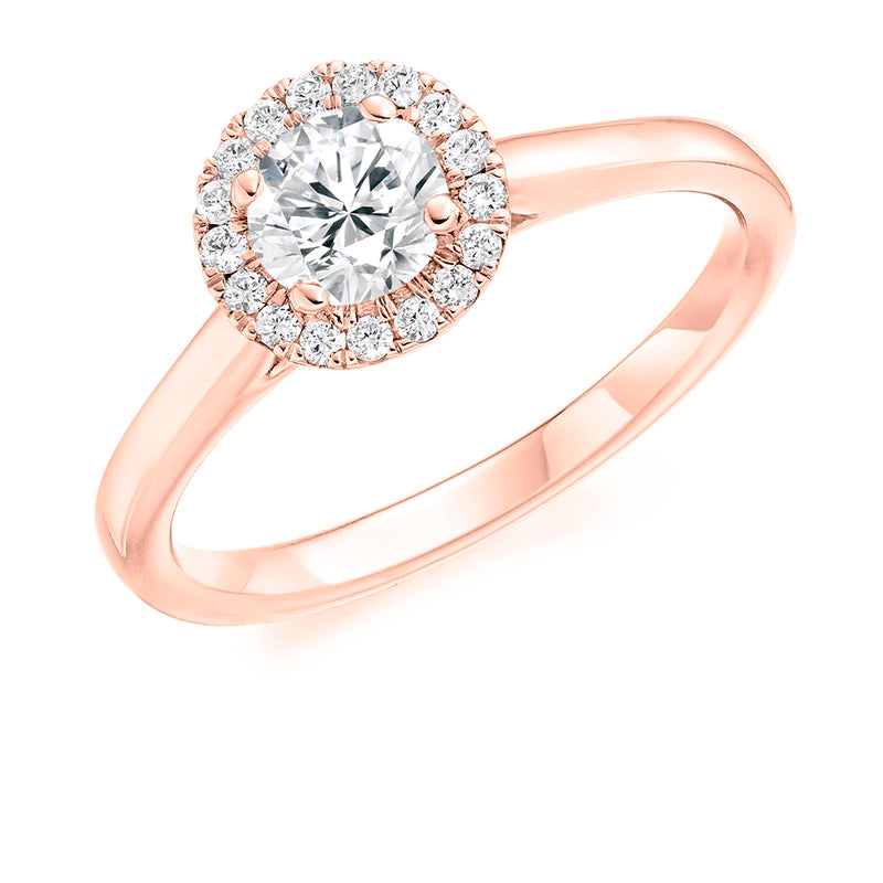 18ct Rose Gold GIA Certified Diamond Engagement Ring With Round Brilliant Cut Centre Solitaire and Diamond Halo