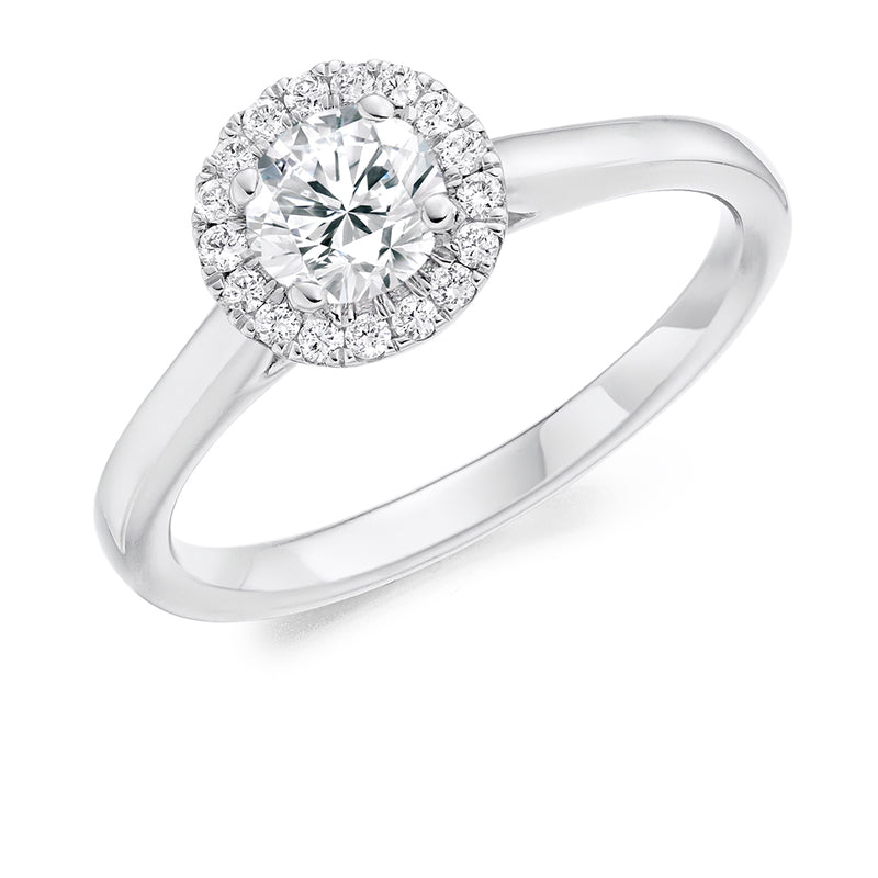 18ct White Gold GIA Certified Diamond Engagement Ring With Round Brilliant Cut Centre Solitaire and Diamond Halo