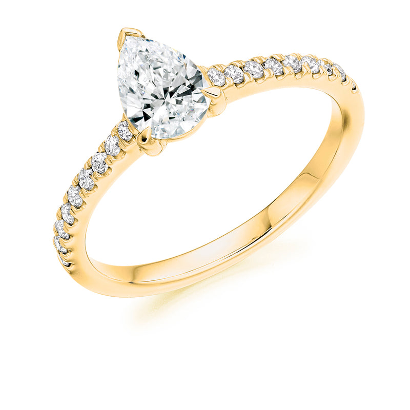 18ct Yellow Gold Diamond Engagement Ring With a GIA Certified Pear Shaped Centre Stone and Diamond Set Shoulders