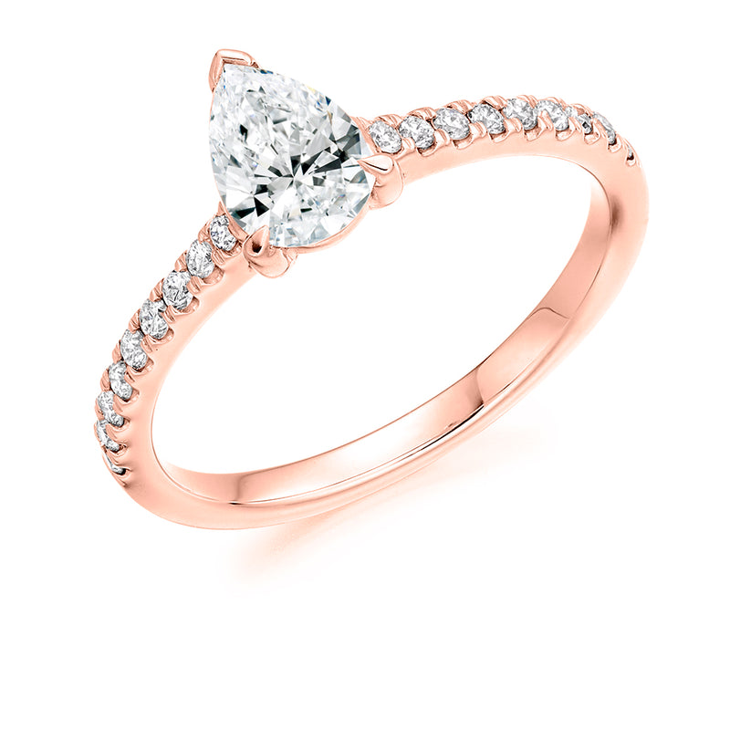 18ct Rose Gold Diamond Engagement Ring With a GIA Certified Pear Shaped Centre Stone and Diamond Set Shoulders
