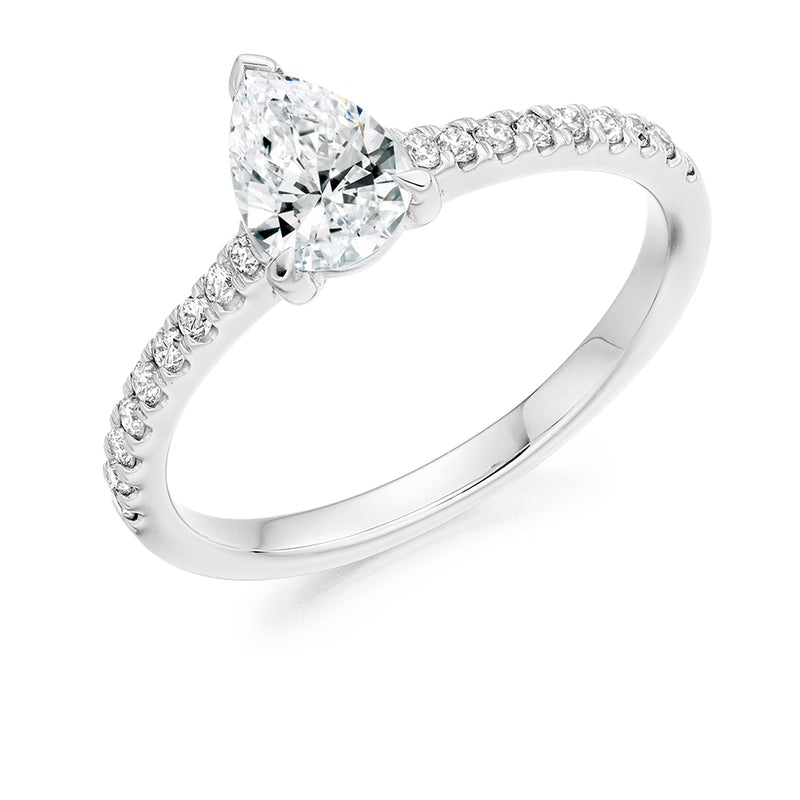 18ct White Gold Diamond Engagement Ring With a GIA Certified Pear Shaped Centre Stone and Diamond Set Shoulders
