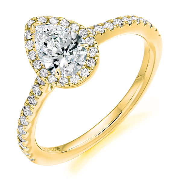 18ct Yellow Gold Diamond Engagement Ring With a GIA Certified Pear Shaped Centre Solitaire, Round Brilliant Cut Diamond Halo and Diamond Set Shoulders