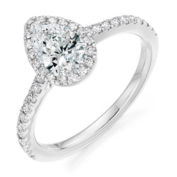 Platinum 950 Diamond Engagement Ring With a GIA Certified Pear Shaped Centre Solitaire, Round Brilliant Cut Diamond Halo and Diamond Set Shoulders