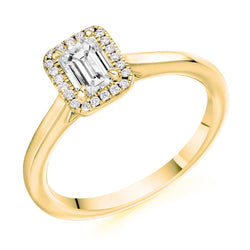 9ct Yellow Gold Diamond Engagement Ring With Emerald Cut Centre Solitaire and Round Brilliant Cut Diamond Halo