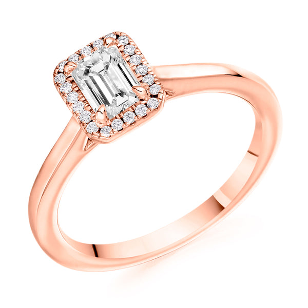 9ct Rose Gold Diamond Engagement Ring With Emerald Cut Centre Solitaire and Round Brilliant Cut Diamond Halo