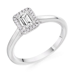 9ct White Gold Diamond Engagement Ring With Emerald Cut Centre Solitaire and Round Brilliant Cut Diamond Halo
