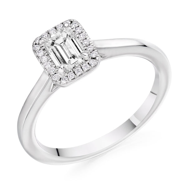 18ct White Gold Diamond Engagement Ring With Emerald Cut Centre Solitaire and Round Brilliant Cut Diamond Halo