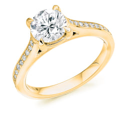 18ct Yellow Gold GIA Certified Round Brilliant Cut Solitaire Diamond Engagement Ring With Diamond Set Shoulders
