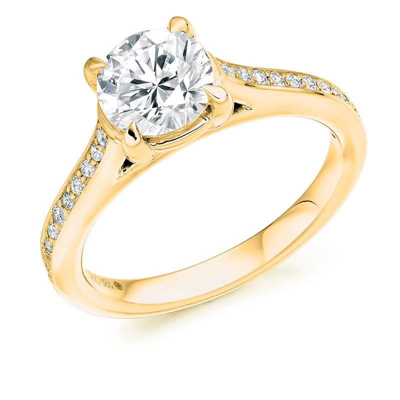 18ct Yellow Gold GIA Certified Round Brilliant Cut Solitaire Diamond Engagement Ring With Diamond Set Shoulders
